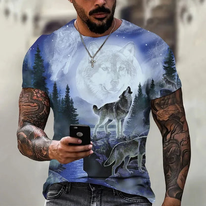 New Fashion Men's Wolf Roar Graphic T Shirt Summer Casual Round Neck T-shirt Trend Street Man Clothes Daily Loose Tops