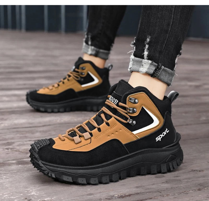 Black and Tan Mid-Top Hiking Boots Suede and Leather Platform Sneakers Non-Slip Outdoor Casual Shoes with Rugged Sole for All