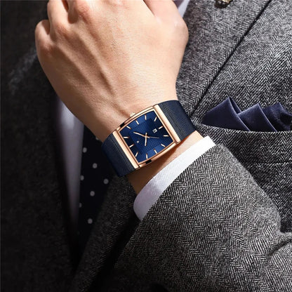 Quartz wristwatches, new square-shaped men’s watches, rose gold colour, high quality; luxury brand watch, men’s model, blue dial.