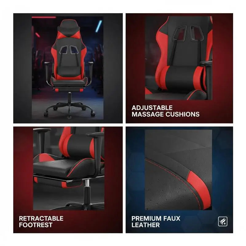 Massage Gaming Chair with Footrest, Reclining Ergonomic Gaming Chair, 360° Swivel Adjustable Height Gaming Chair in Black & Red Leather