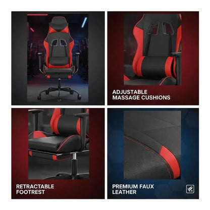Massage Gaming Chair with Footrest, Reclining Ergonomic Gaming Chair, 360° Swivel Adjustable Height Gaming Chair in Black & Red Leather