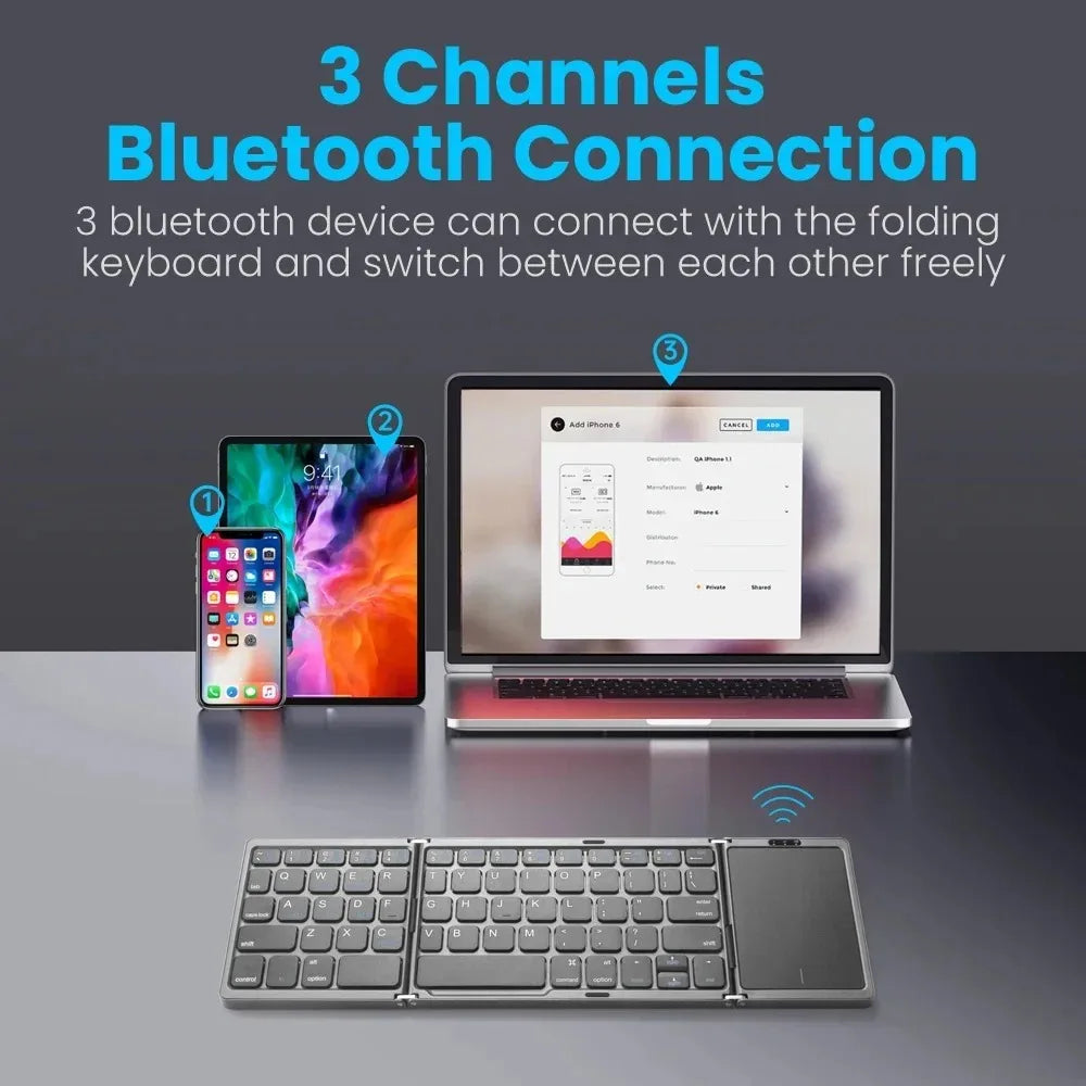 KEBIDUMEI Three Bluetooth Keyboard Tri-fold Keyboard with Touchpad Mini Keyboard Rechargeable Keyboard for Windows Android IOS