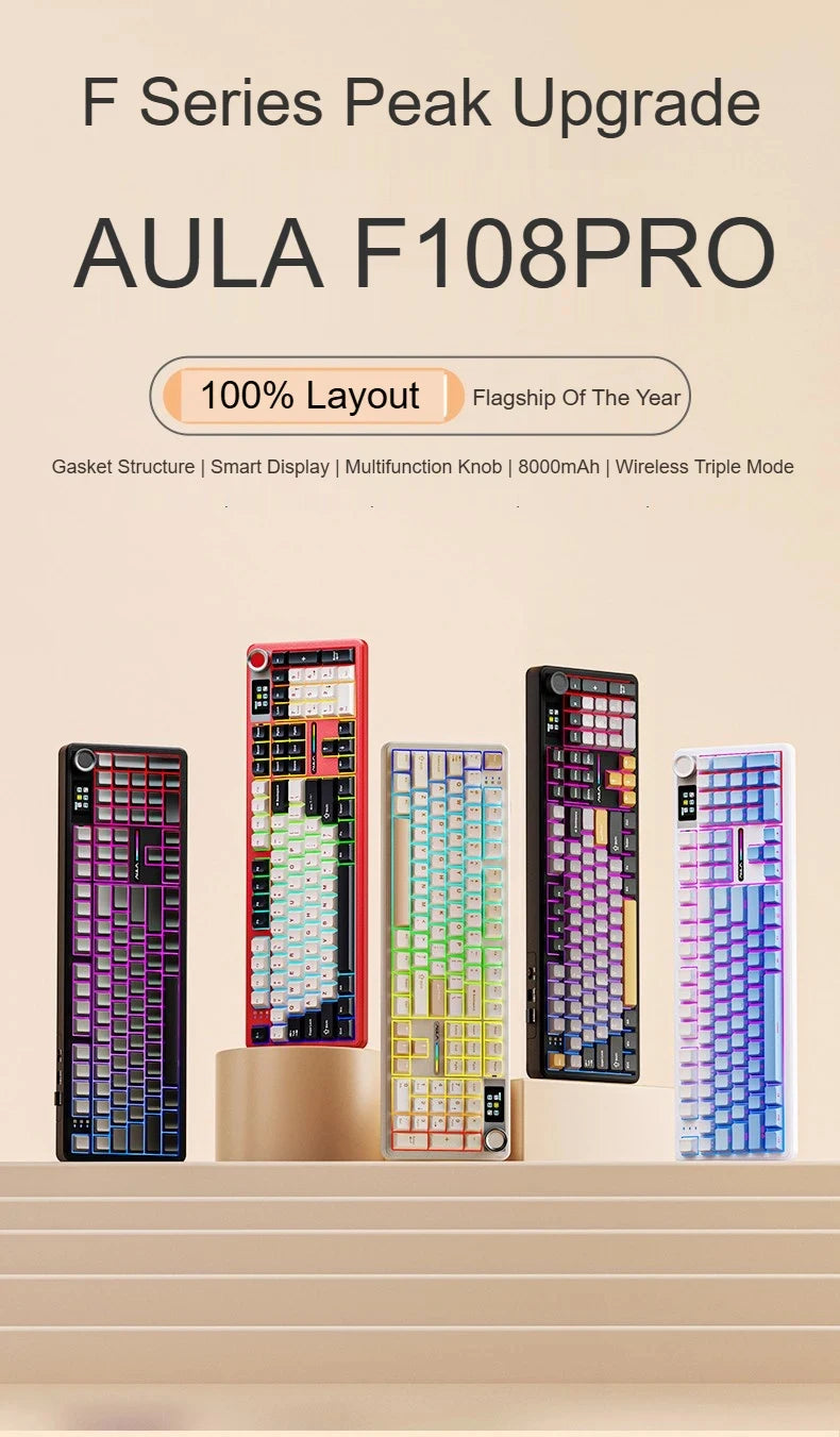 AULA F108 PRO Mechanical Keyboard Custom 100% Layout RGB Backlight Wireless Bluetooth Hifi Switch Gaming Keyboard