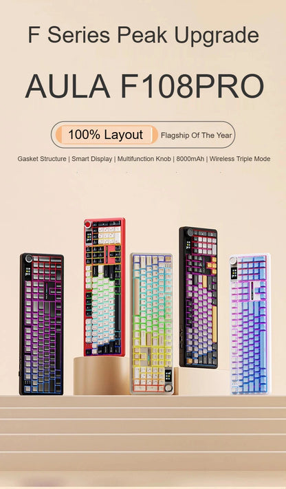 AULA F108 PRO Mechanical Keyboard Custom 100% Layout RGB Backlight Wireless Bluetooth Hifi Switch Gaming Keyboard