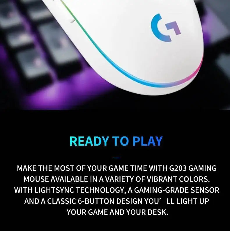 Logitech G203 LIGHTSYNC-mus trådbunden 8000 DPI-sensor RGB Sync 6 knappar mekanisk spänning för kontor och gaming
