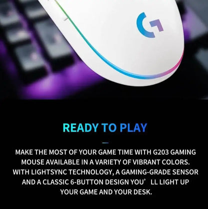 Logitech G203 LIGHTSYNC-mus trådbunden 8000 DPI-sensor RGB Sync 6 knappar mekanisk spänning för kontor och gaming