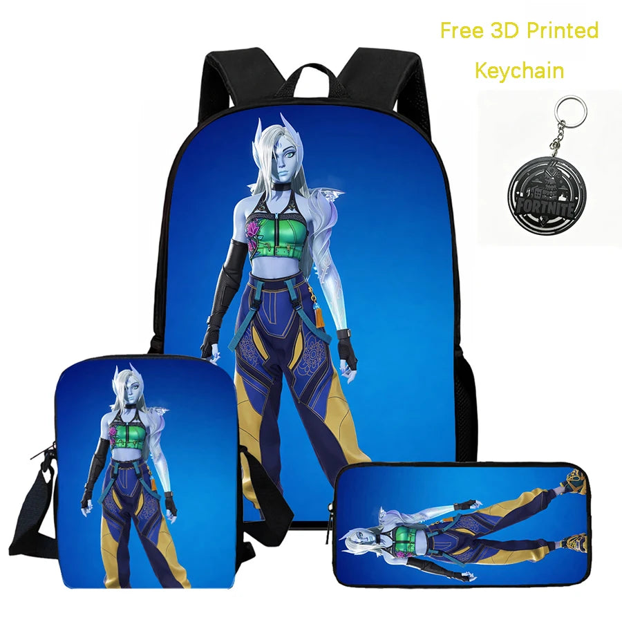 3Pcs Kids Backpack Set, Crossbody & Pencil Bag, FORTNITE Cartoon Bag, Lightweight for Boys and Girls Ages 5-10, Free 3D Printed Keychain