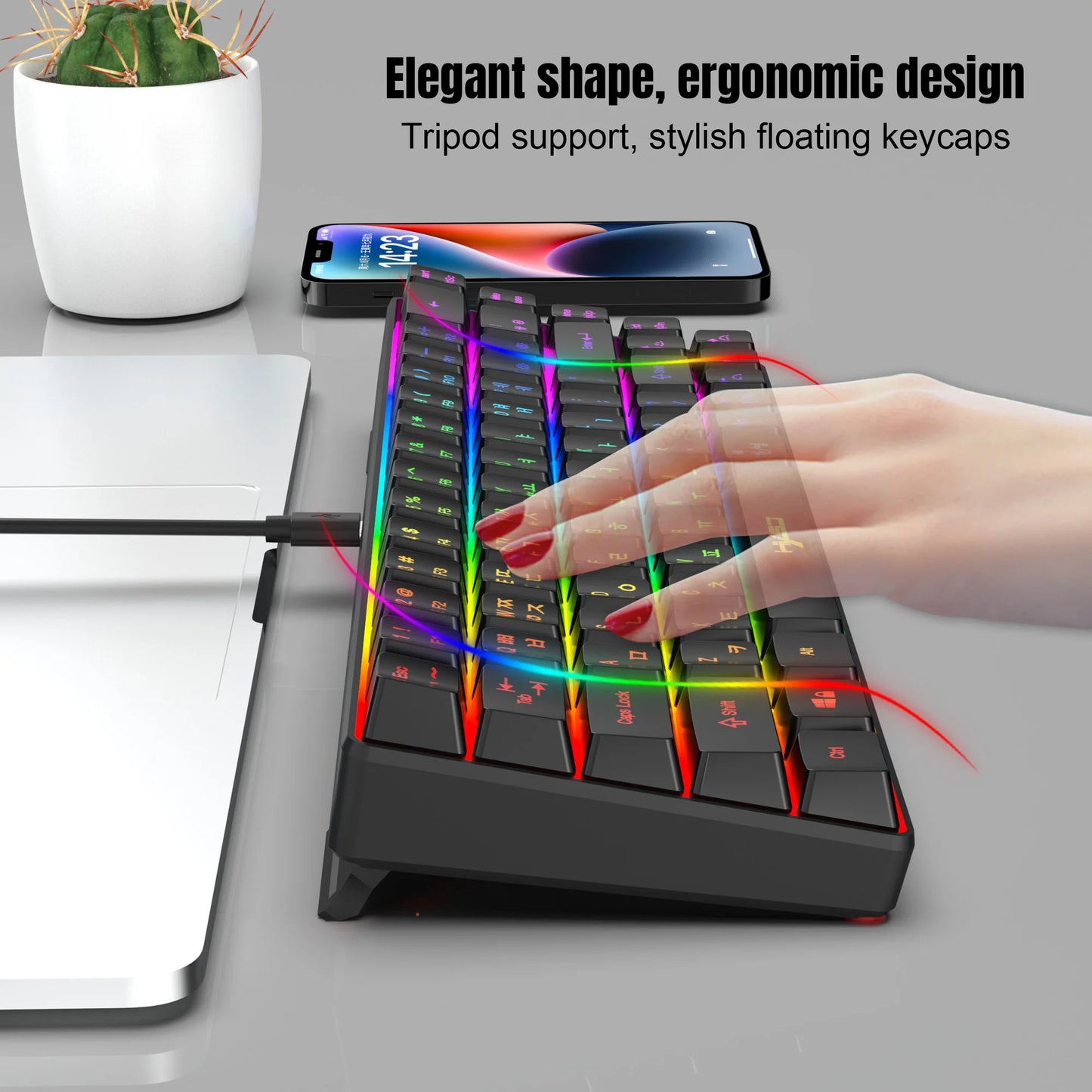 Hot Sale HXSJ V200 65% Korean Gaming Keyboard, 68-Key RGB Backlit Wired Office Membrane Keyboard for Desktop PC and Laptops