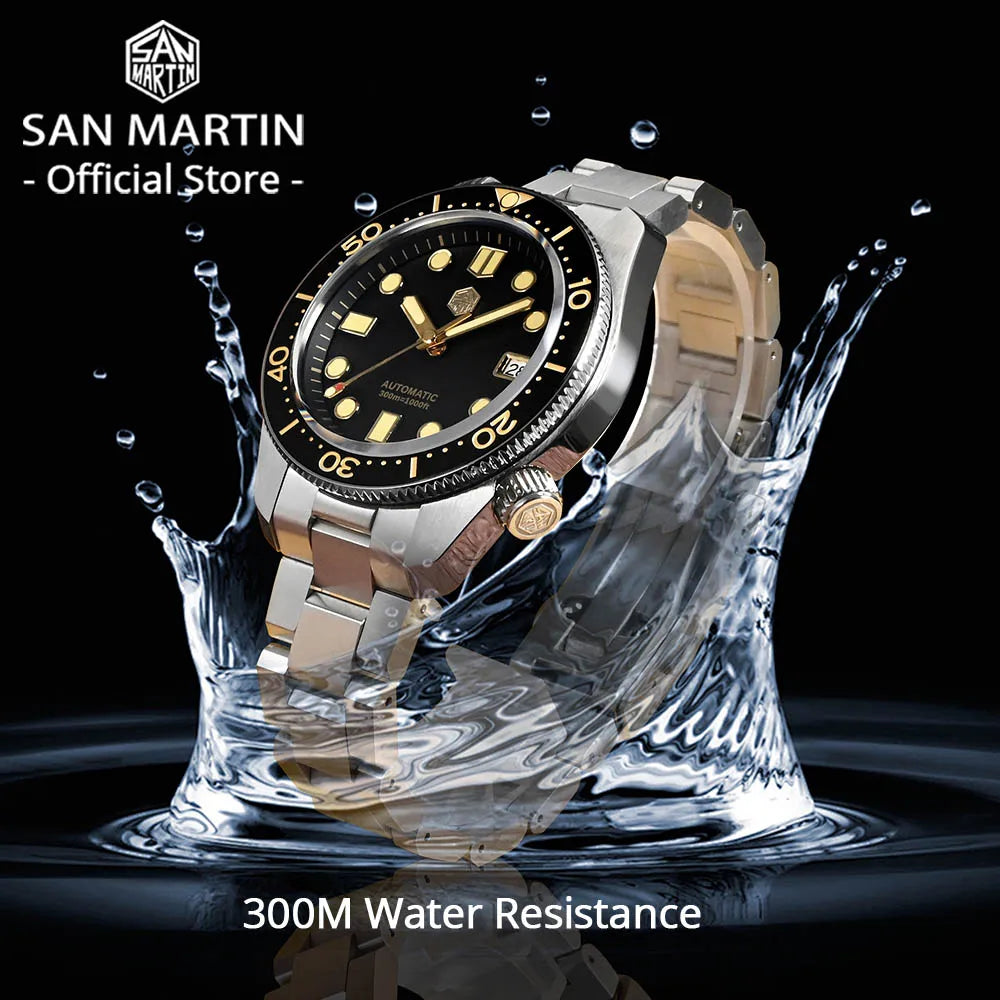 San Martin 44mm Men's Diver Watch Vintage MM300 Gilt Dial Sport NH35 Automatic Mechanical Sapphire Waterproof 300M C3 Lume SN0087