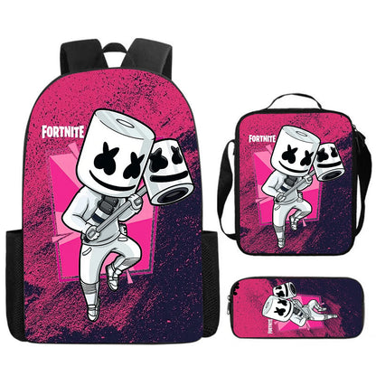 Fortnite Cartoon 3pcs Set, Large Capacity Suitable for Boys and Girls Aged 5-8, Includes Backpack, Dinner Bag, and Pencil Case