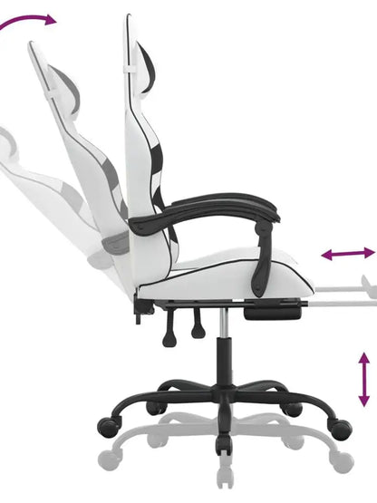 Gaming Chair with Footrest, Reclining Gaming Chair, Adjustable Height 360° Swivel Gaming Chair in White & Black PU Leather for Office & Gaming