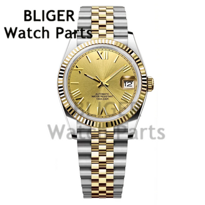 BLIGER 36MM 39MM Luxury Gold NH35 Automatic Mechanical Wristwatch Roman Number Men Watches Sapphire Crystal 10Bar Reloj Hombre