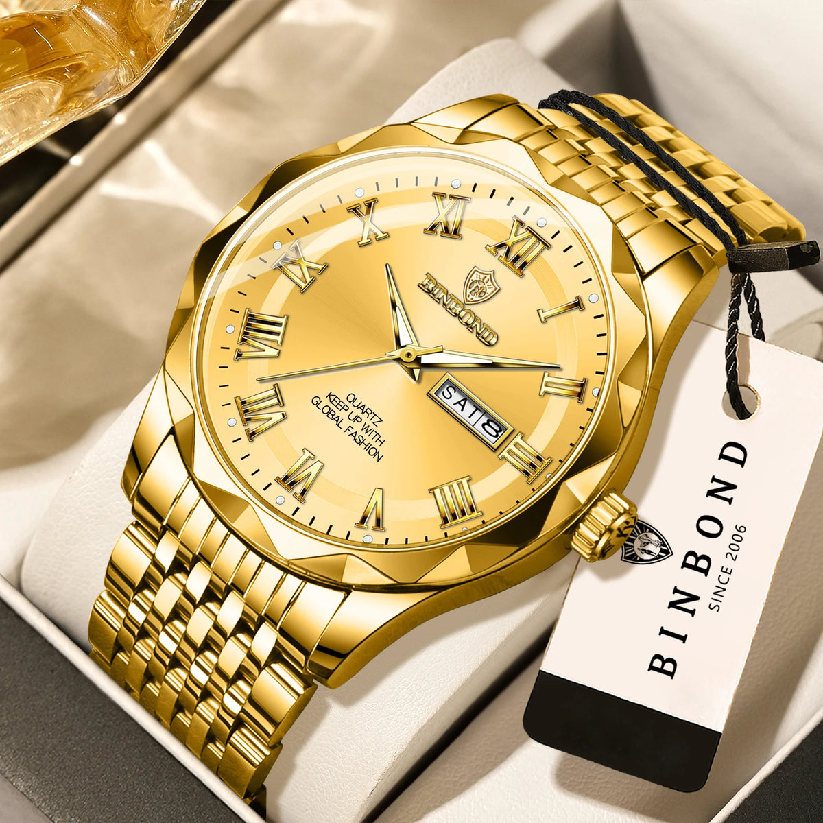 Luxusné quartzové náramkové hodinky BINBOND Original Brand pre mužov, s podsvietením, vodotesné, s automatickým dátumom, zobrazením dňa v týždni, v ležérnom štýle.