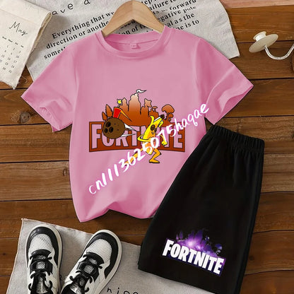 Fortnite Series T-shirt Shorts Suit for Children Hot Game Top and Pants Set Summer Cute Home Loungewear Outfit Birthday Gift