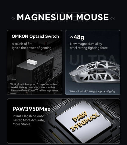 Attack Shark R2 trådlös gamingmus PAW3950 8K i magnesiumlegering, lätt gamingmus med Bluetooth Tri-Mode för gaming/kontor