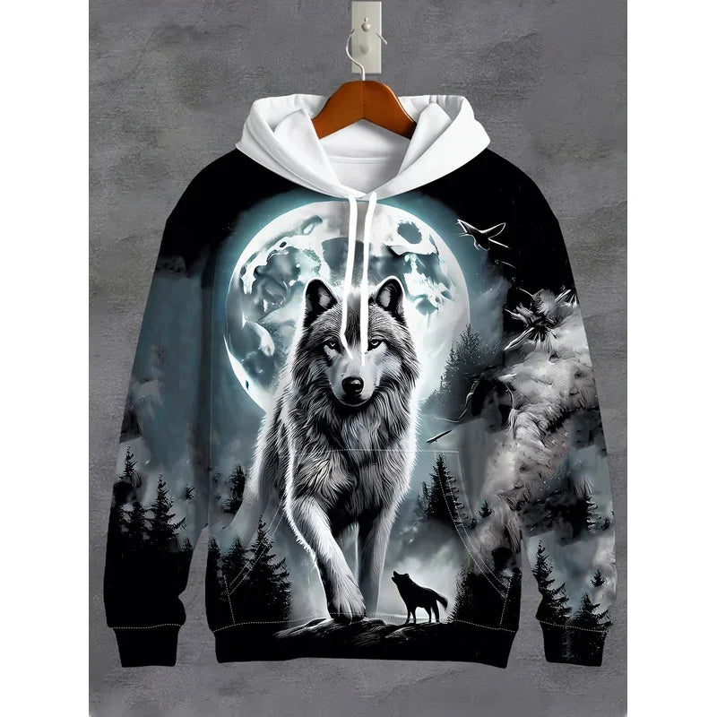 Men's 3D White Wolf Print Hoodie, Casual Long Sleeve Pullover with Drawstring Pocket, 100% Polyester Slight Stretch Men's Clothing
