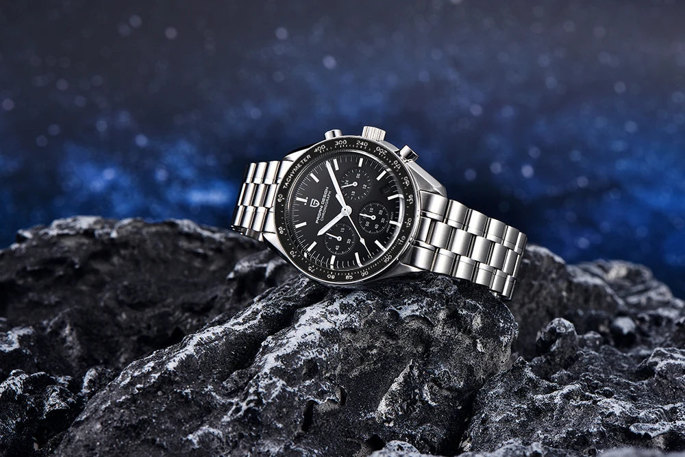 Reloj para hombre PAGANI DESIGN «New Moon» – Reloj de cuarzo de lujo, cronógrafo, cristal de zafiro con tratamiento antirreflectante, bisel de cerámica, agujas luminiscentes