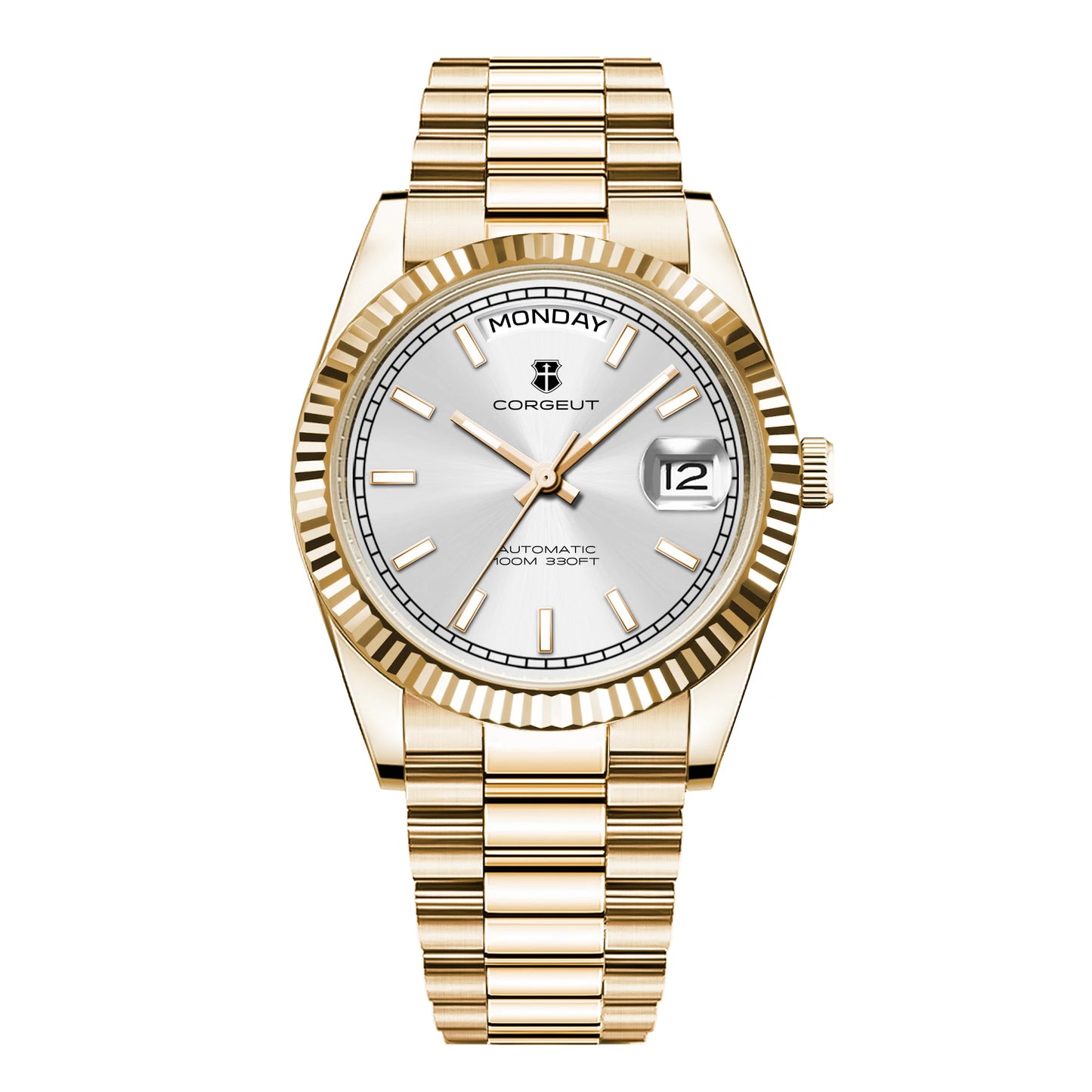 CORGEUT NH36 mechanische Herrenuhr mit Wochentags- und Datumsanzeige, President-Gliederarmband, Stahlgehäuse, geriffelter Arc-Lünette, wasserdicht