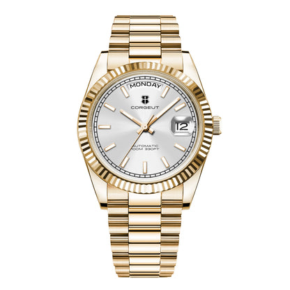 CORGEUT NH36 mechanische Herrenuhr mit Wochentags- und Datumsanzeige, President-Gliederarmband, Stahlgehäuse, geriffelter Arc-Lünette, wasserdicht
