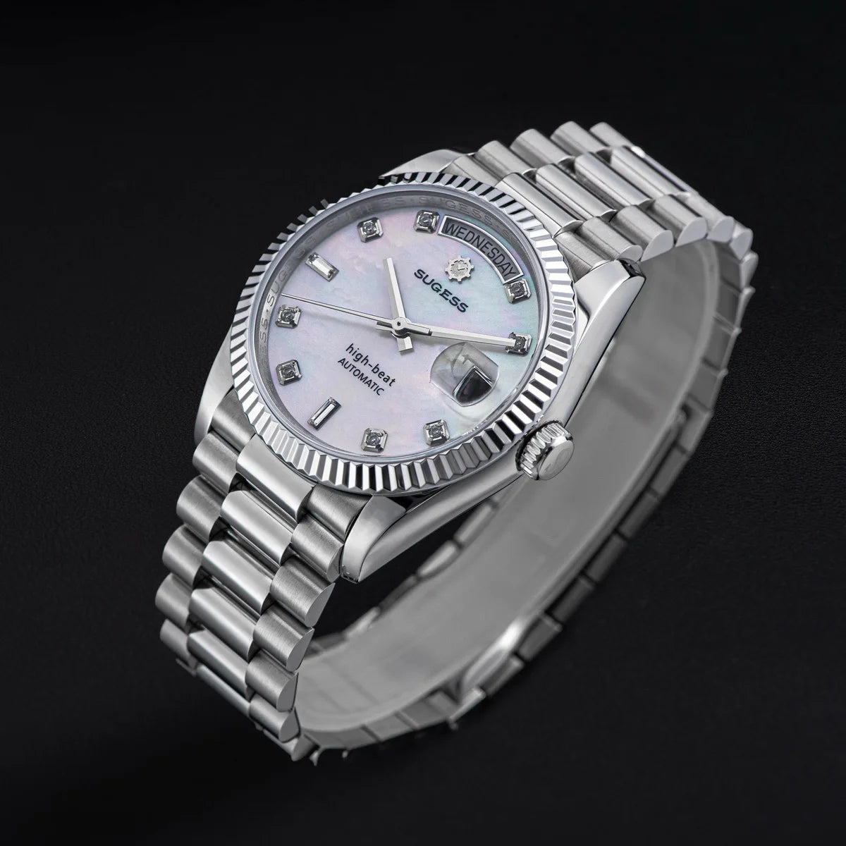 Sugess 36mm Mens of Watch Automatic Dandong Peacock SL3034 Day Movement Sapphire Glass 100m Waterproof Wristwatches MOP Date New