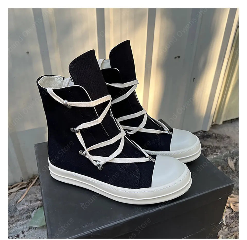 Casual High Top Quality Black Designer Men Leather Shoe Ro Pentagram Thick-sole Zip Flat Canvas Luxury Women Ankle boot Sneakers
