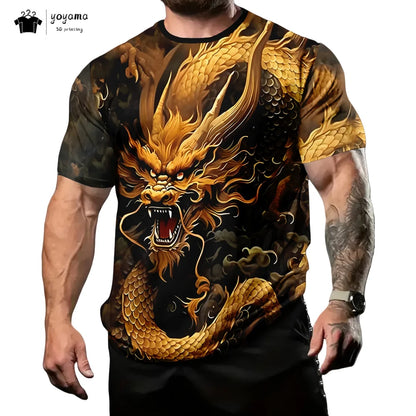 T-shirts de homem com padrão de dragão, manga curta, gola redonda, estilo streetwear, estampado animal 3D, corte largo e versátil, roupa de homem