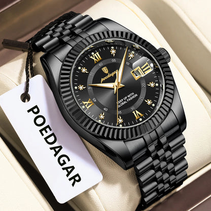 POEDAGAR Herrenuhr – Luxusmodell, wasserdicht, aus Edelstahl, mit Leuchtanzeige, im Militärstil, mit Datumsanzeige, Quarzwerk, ideal für die Arbeit oder berufliche Anlässe.