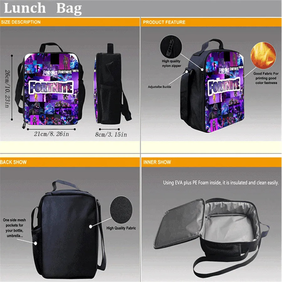 Fortnite Cartoon 3-teiliges Rucksack-Set für Jungen und Mädchen, unisex, mit Schulranzen, Lunch Bag und Federmäppchen, geeignet für Kinder von 5-8 Jahren