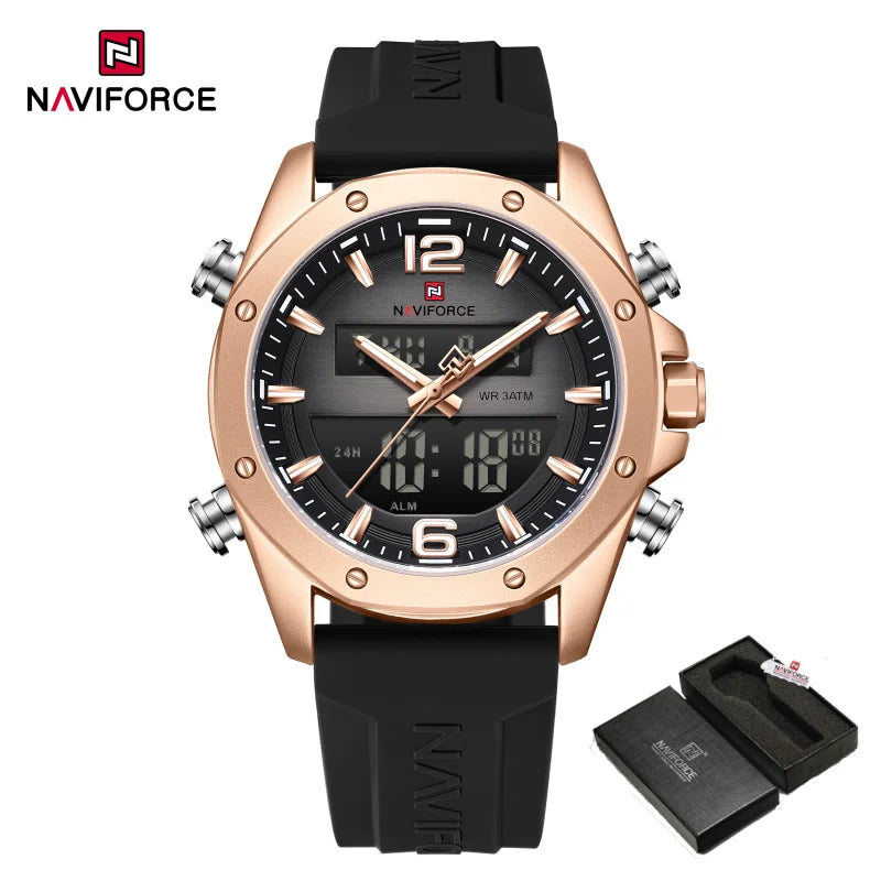 NAVIFORCE Men Quartz LCD Dual Display Watch With Silicone Strap 3ATM Waterproof Shockproof Night Light Round Case Sport Casual