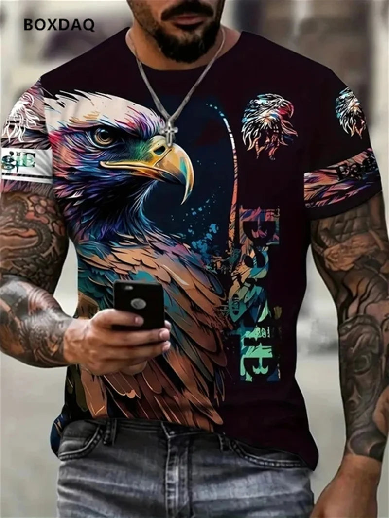 Fashion Eagle Men's T-Shirts Loose O-Neck Casual Tops Short Sleeve 3D Animal Printing Street T-Shirt 6XL Big Size Breathable Tee