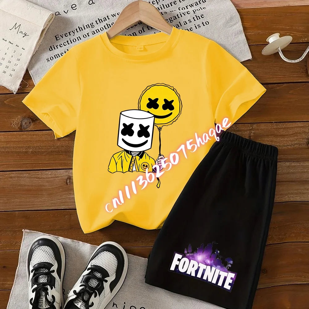Summer Fortnite T-shirt Shorts for Boys and Girls Tee Pants Set 2pcs Children Clothing Tops T-shirts Fortress Night Print Tees Gift