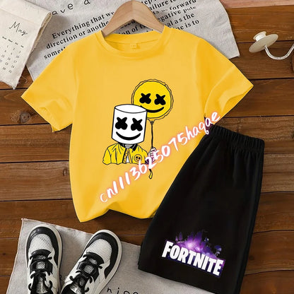 Summer Fortnite T-shirt Shorts for Boys and Girls Tee Pants Set 2pcs Children Clothing Tops T-shirts Fortress Night Print Tees Gift