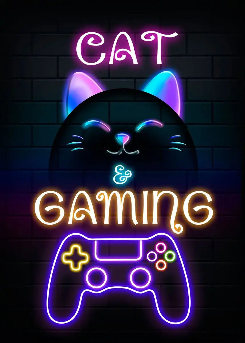 Nordic Cat and Gaming Controller Quotes Poster Modern Canvas Painting for Wall Art Mural Gamer Boys Girls Room Decor (not Neon)