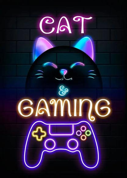 Nordic Cat and Gaming Controller Quotes Poster Modern Canvas Painting for Wall Art Mural Gamer Boys Girls Room Decor (not Neon)