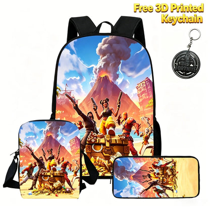 3Pcs Kids Backpack Set, Crossbody & Pencil Bag, FORTNITE Cartoon Bag, Lightweight for Boys and Girls Ages 5-10, Free 3D Printed Keychain