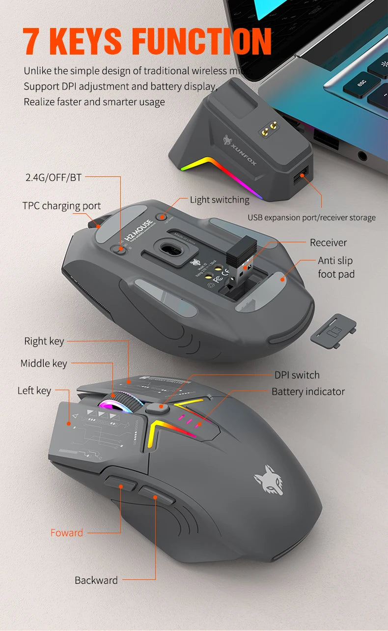 XUNSVFOX H2 langaton Bluetooth-kaksoistilahiiri RGB-valaistustehosteella kannettavalle, pelaamiseen ja toimistokäyttöön, magneettinen lataus