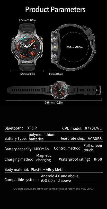 2026 TANK Ultra New 1400mAh Big Battery Smart Watch Men GPS path Sport Flashlight BT Call Waterproof Outdoor Military Smartwatch