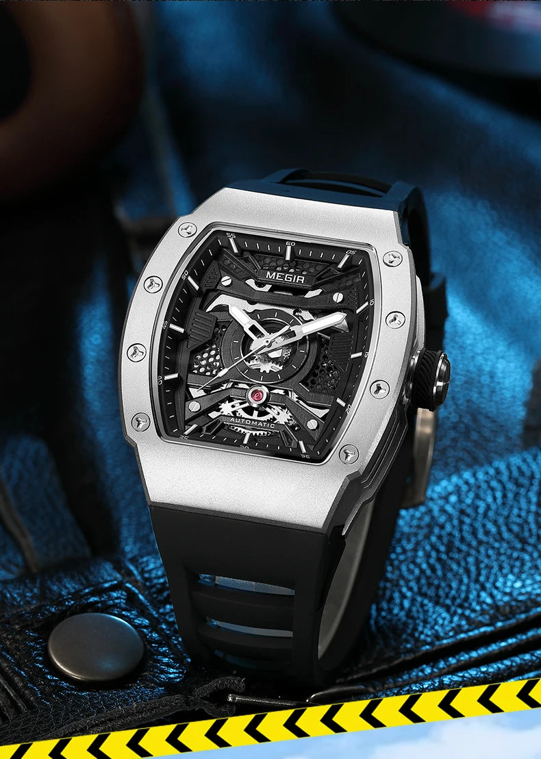 MEGIR Men's Automatic Mechanical Watch with Stainless Steel Case Silicone Strap Fashion Waterproof Luminous Wristwatch 8604
