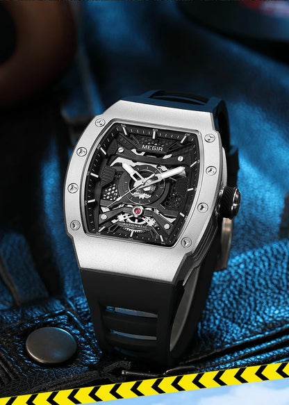 MEGIR Men's Automatic Mechanical Watch with Stainless Steel Case Silicone Strap Fashion Waterproof Luminous Wristwatch 8604