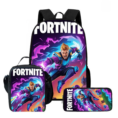 Fortnite Cartoon 3-teiliges Rucksack-Set für Jungen und Mädchen, unisex, mit Schulranzen, Lunch Bag und Federmäppchen, geeignet für Kinder von 5-8 Jahren