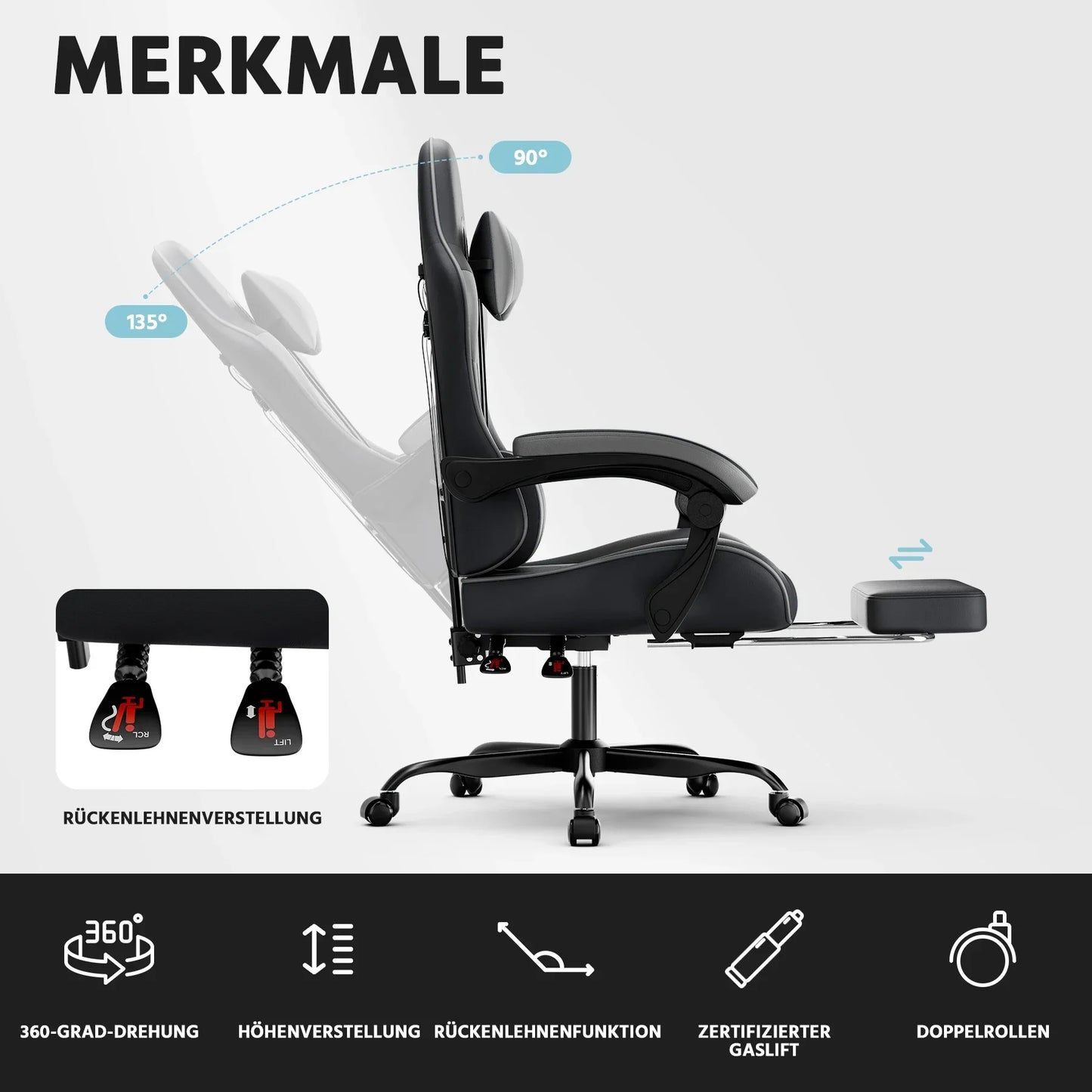Ergonomic Gaming Chair with Lumbar Support, Adjustable Reclining PC Gaming Chair, Breathable PU Leather Office Chair, 200kg Heavy Duty