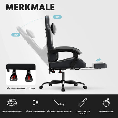 Ergonomic Gaming Chair with Lumbar Support, Adjustable Reclining PC Gaming Chair, Breathable PU Leather Office Chair, 200kg Heavy Duty