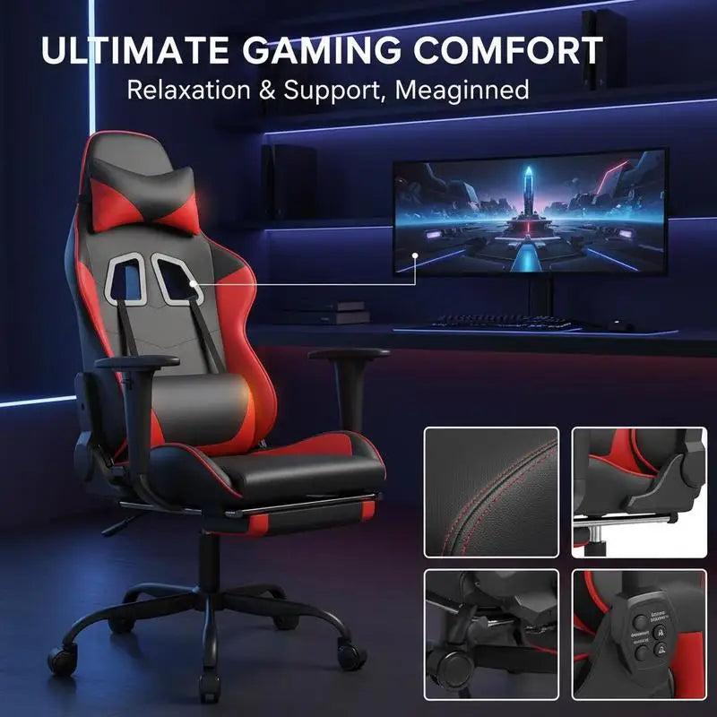 Massage Gaming Chair with Footrest, Reclining Ergonomic Gaming Chair, 360° Swivel Adjustable Height Gaming Chair in Black & Red Leather
