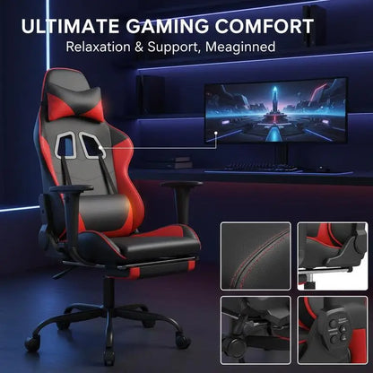 Massage Gaming Chair with Footrest, Reclining Ergonomic Gaming Chair, 360° Swivel Adjustable Height Gaming Chair in Black & Red Leather
