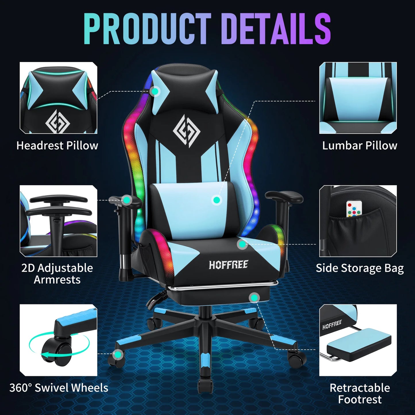 250Lbs LED Gaming Chair for Kids 8-15 Years, Adjustable Ergonomic Gamer Chair with RGB Lighting, Footrest & Lumbar Support