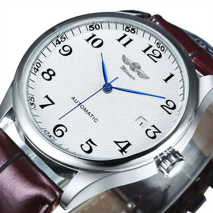 Reloj para hombre WINNER – Estilo clásico, retro y elegante – Reloj mecánico automático con calendario – Marca de lujo, caja de acero y correa de piel