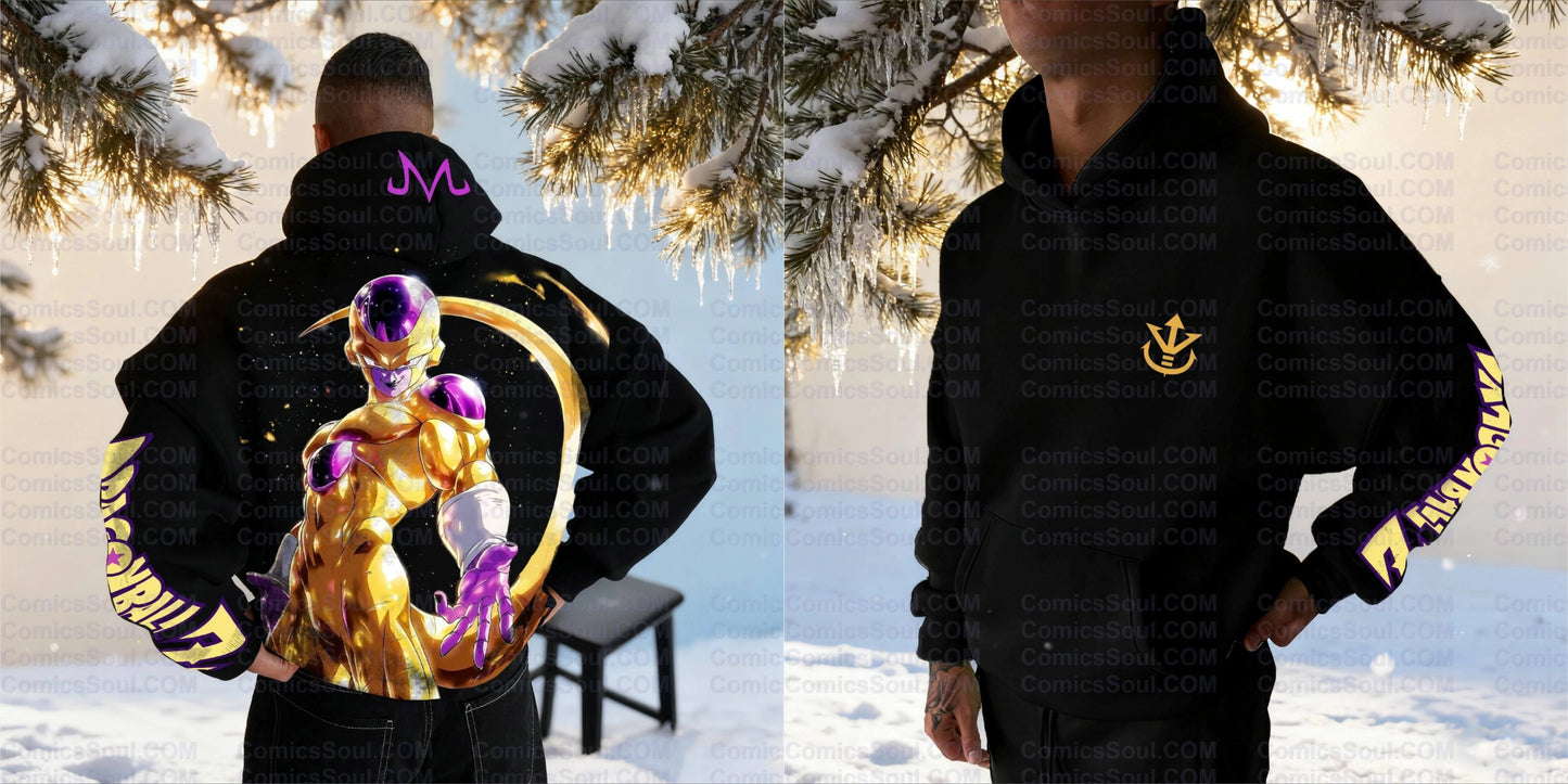 Dragon Ball Z Frieza Black Hoodie Set Golden Form Back Print Purple Energy Effect Cotton Sweatshirt with M Logo Design