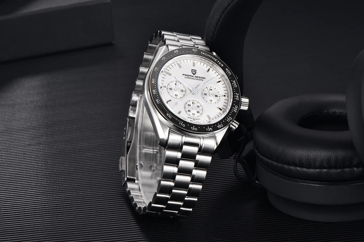 Reloj para hombre PAGANI DESIGN «New Moon» – Reloj de cuarzo de lujo, cronógrafo, cristal de zafiro con tratamiento antirreflectante, bisel de cerámica, agujas luminiscentes