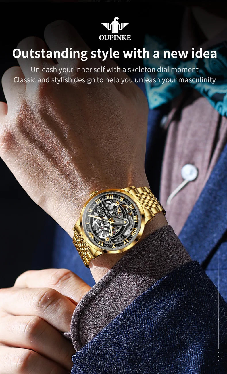 OUPINKE 3173 Skeleton Automatic Mechanical Watch Luxury Brand 50M Waterproof Watch Leather Strap Mens Watch Box Gifts Reloj