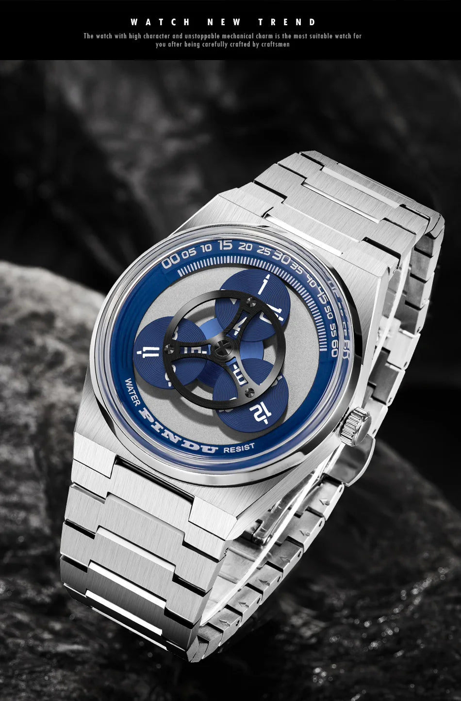 PINDU Turntable Creative Watch Miyota 8215 With Pointerless Design Trendy Steel Business Mechanical Watches Luminous Waterproof